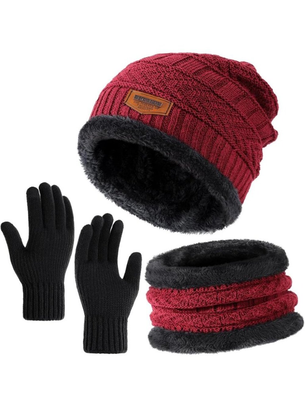 Black and Red Winter Hat Scarf Gloves Set 3 Piece Fleece Lined Beanie